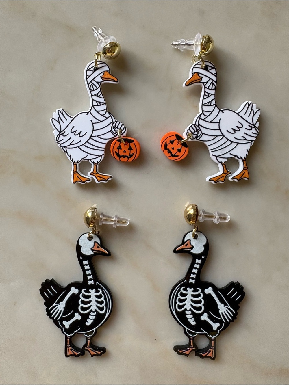 Halloween Goose Dangle Earrings - White Mummy & Black Skeleton Set